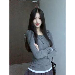 时尚 夏款 底衫 t恤假两件套修身 减龄上衣0318d 甜辣春女士长袖