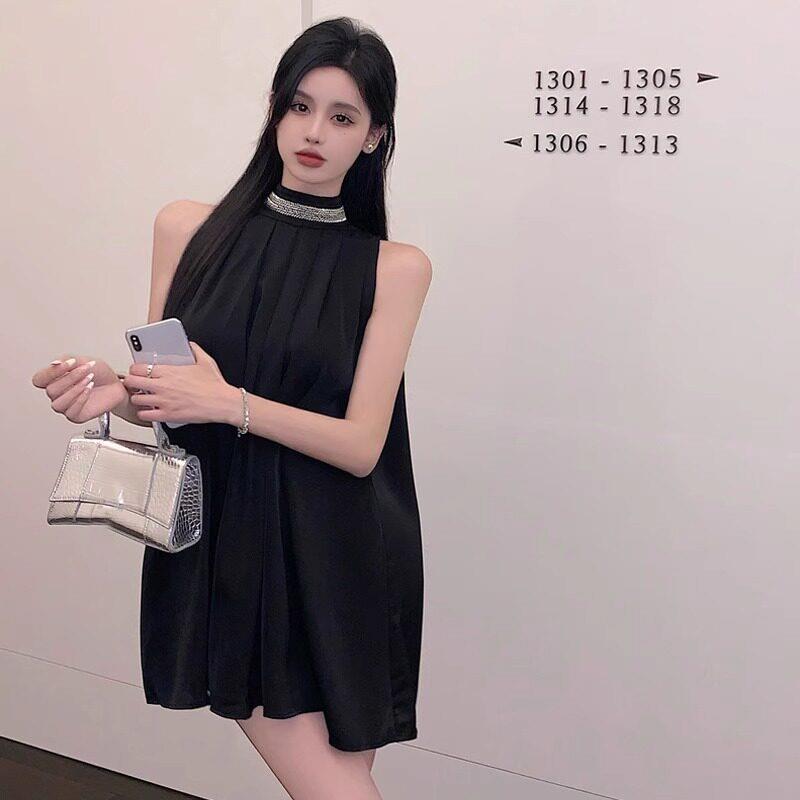 日系夏季黑色无袖挂脖连衣裙女高级性感气质绝美晚礼服露肩短裙子
