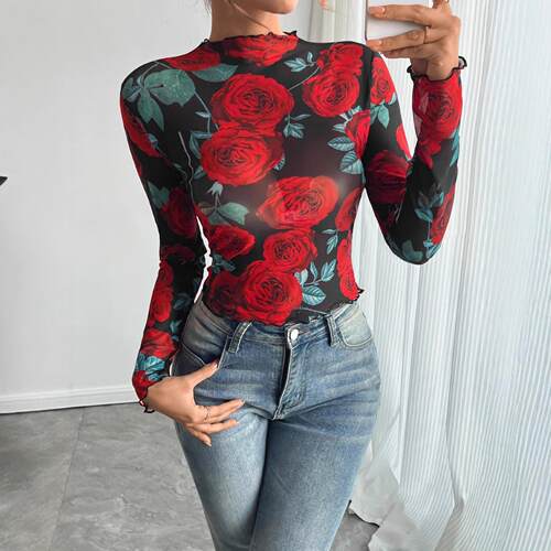 Rose Print Sheer Long Sleeve , High Neck Micro-Transparent