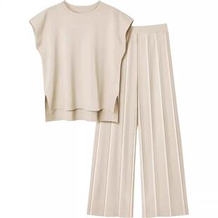 Lounge Sets Women Two Outfits Knit Cap Sleeve Tops Leg