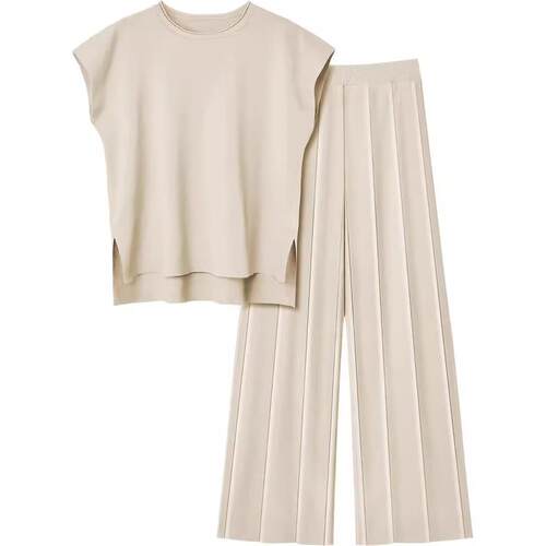 Summer 2 Piece Sets Women Vacation Basic Crewneck Wide Leg