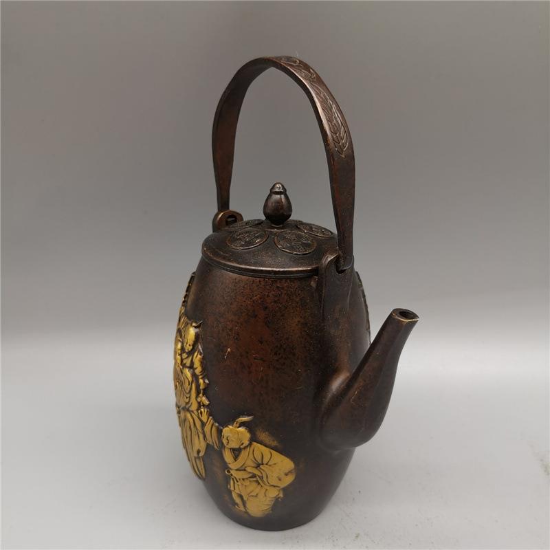 新款直销黄铜茶壶酒壶仿古八仙人物茶壶紫铜色鎏金茶壶文玩收藏摆