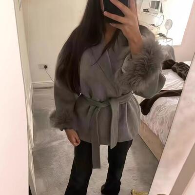 Womens Modest Elegant Solid-Color Waist-Tie Faux Fur Long