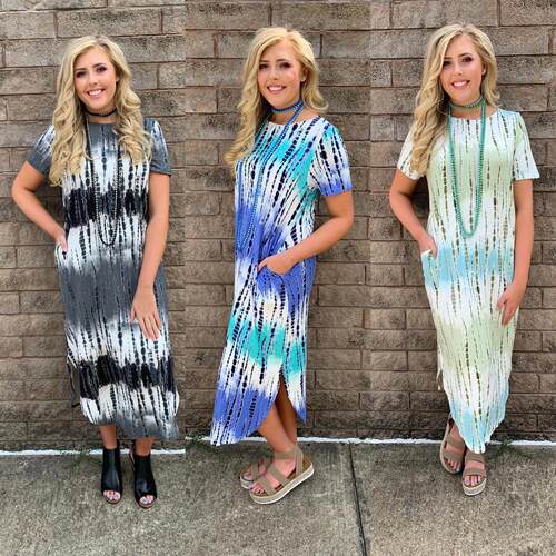 Long skirt women's short sleeved printed pocket dress