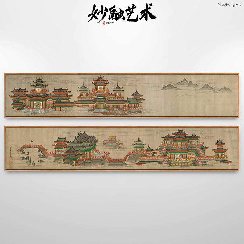 网红中长歌图唐风朝山水画背古风建筑挂唐画新式客厅装饰画景墙恨