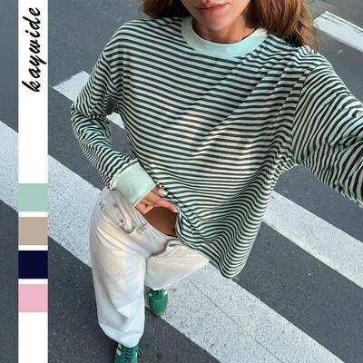 Simple Casual Loose Fit Striped Long Sleeve T-Shirt Round