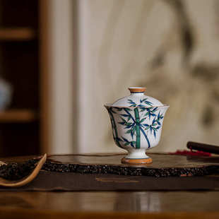 纯手绘清竹高足盖碗茶杯单个家用功夫茶碗带盖子不烫手陶瓷泡茶器