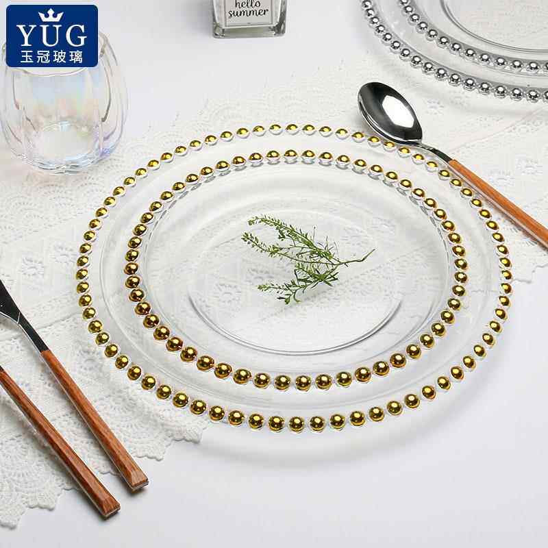 欧式电镀金色玻璃珠点盘子西餐摆盘婚礼装饰盘家用蛋糕盘西餐垫盘