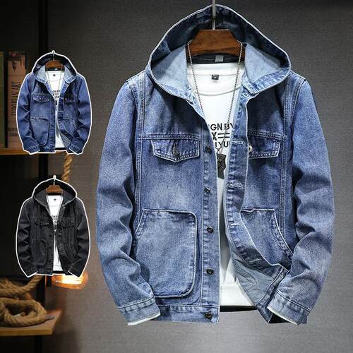 Men's jacket, youth men's top, windproof fit, hooded denim