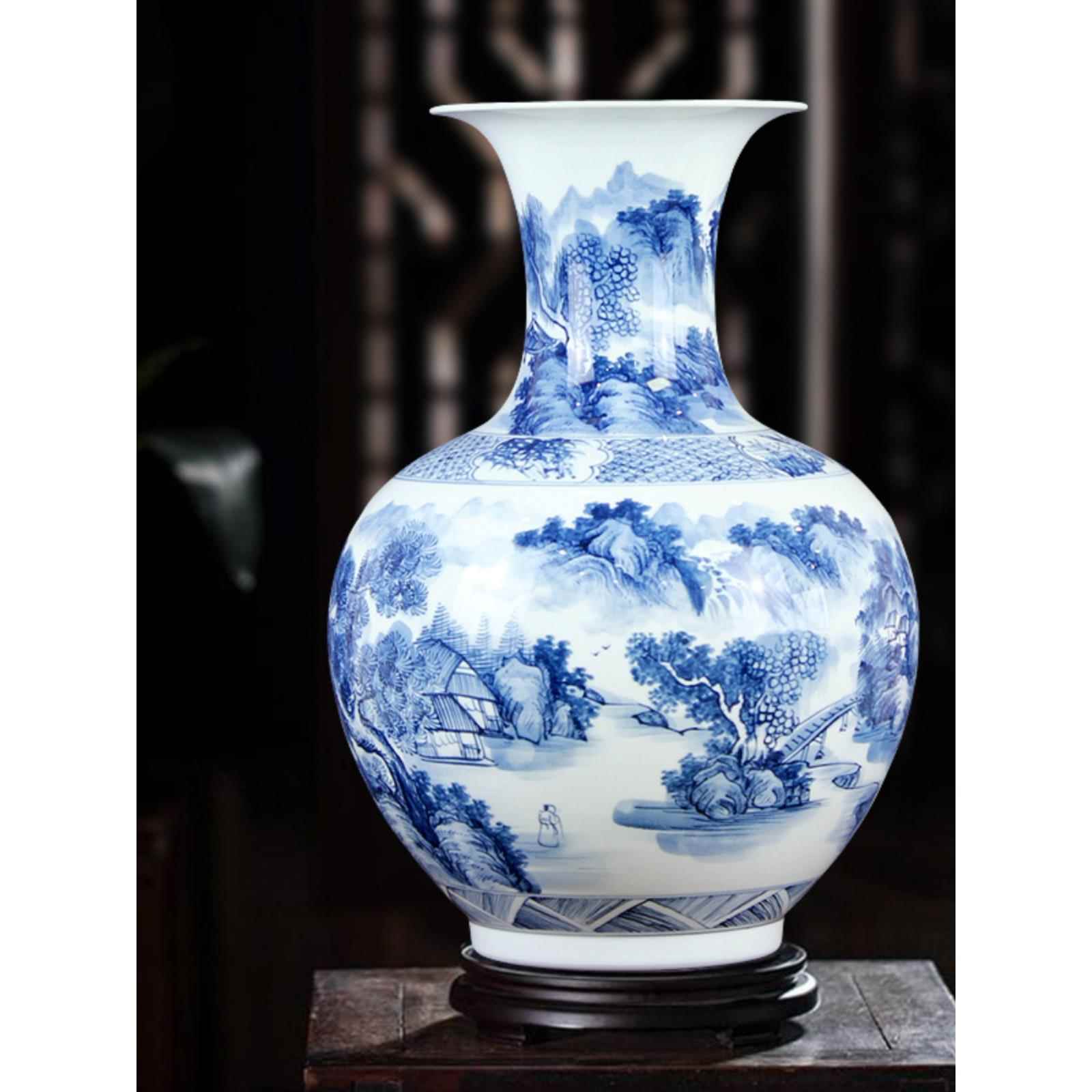 手绘青花山水赏瓶，新中国风花台饰，大口瓶，景德镇陶瓷