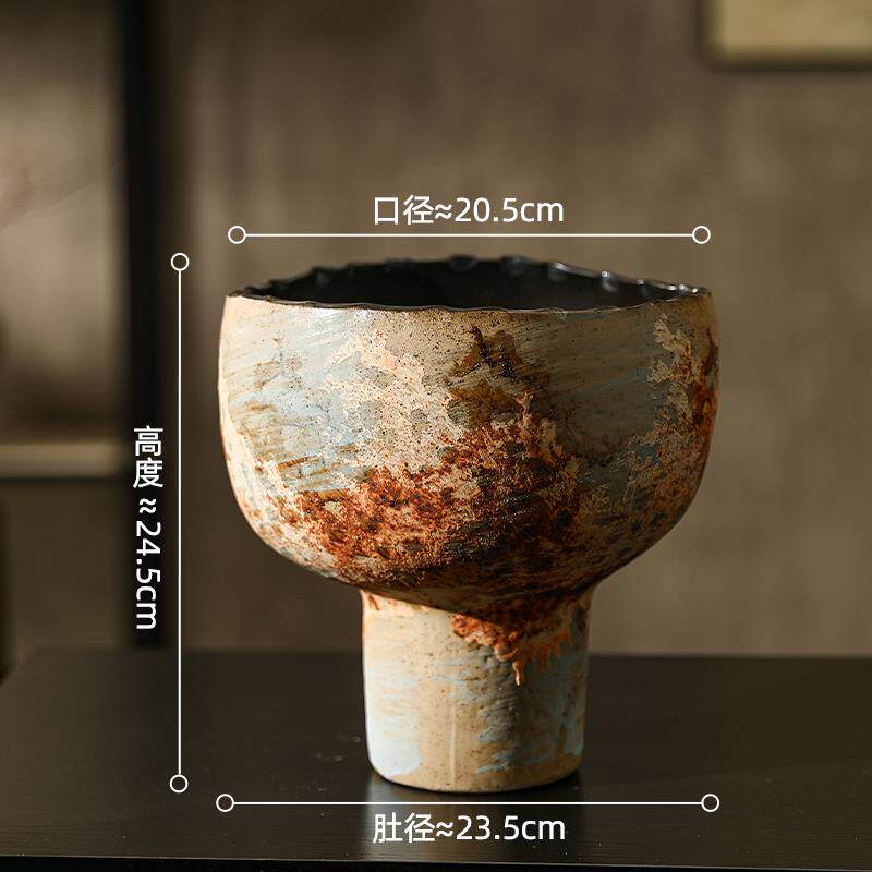 高档景陶瓷花瓶手镇工捏花器覆古禅大口径花盆摆件诧意寂风绿植德
