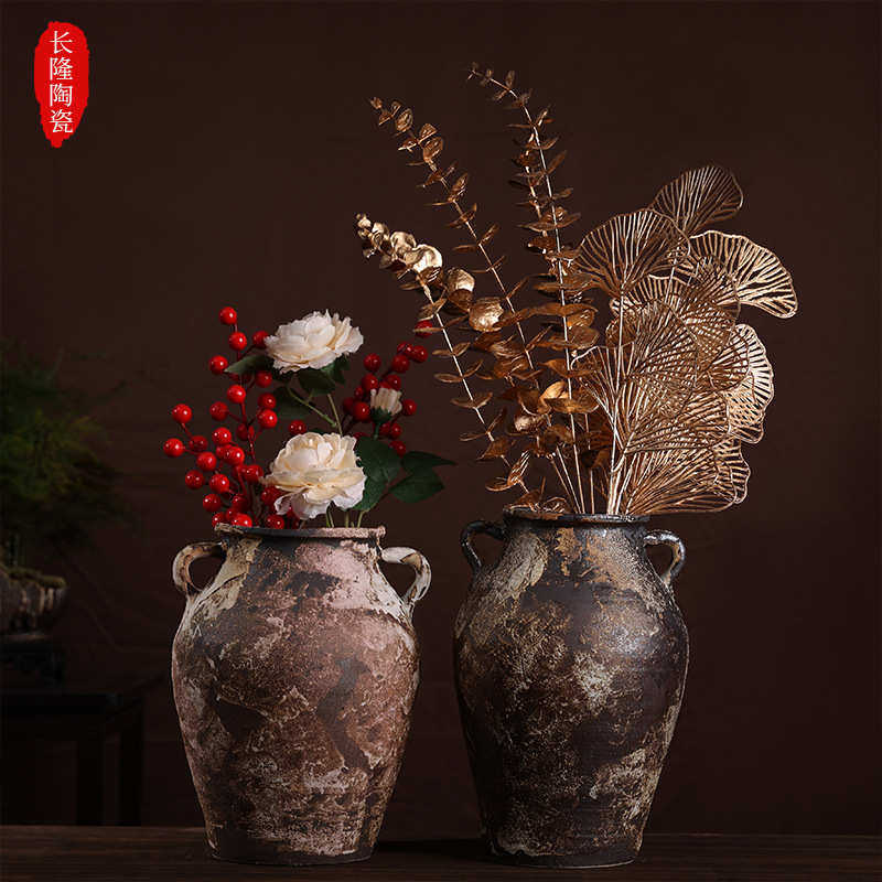 高档土陶复古做旧干花多肉植物高温陶罐坛子粗陶瓷花盆花瓶插花器,家居饰品,仿真花/假花,淘宝优惠券,粉丝福利购,淘宝优惠卷