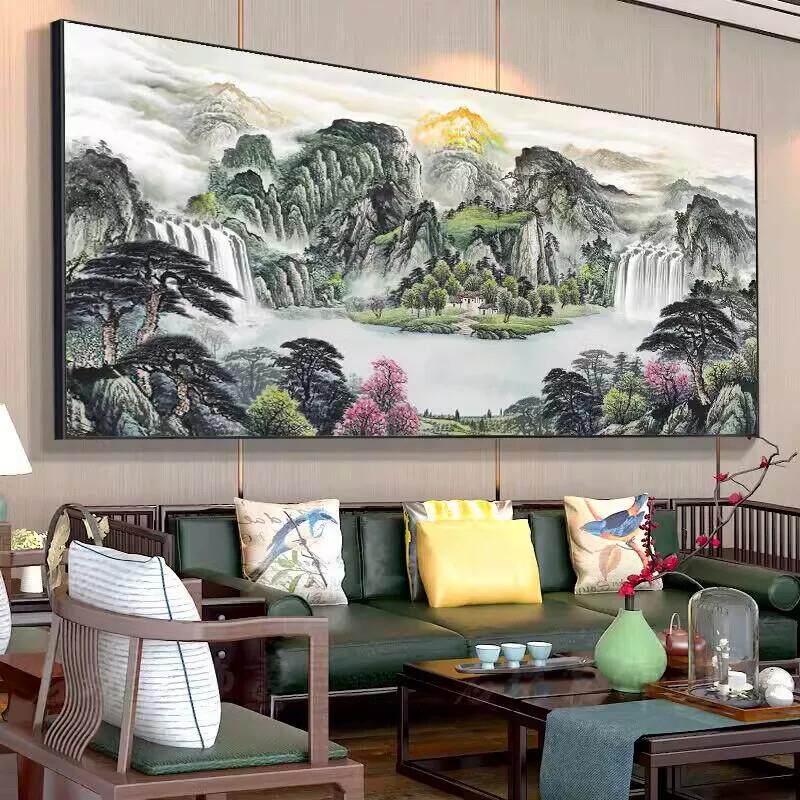 亿笔一画装饰壁画中堂风景画中式客厅山水挂画国画沙发背景墙画