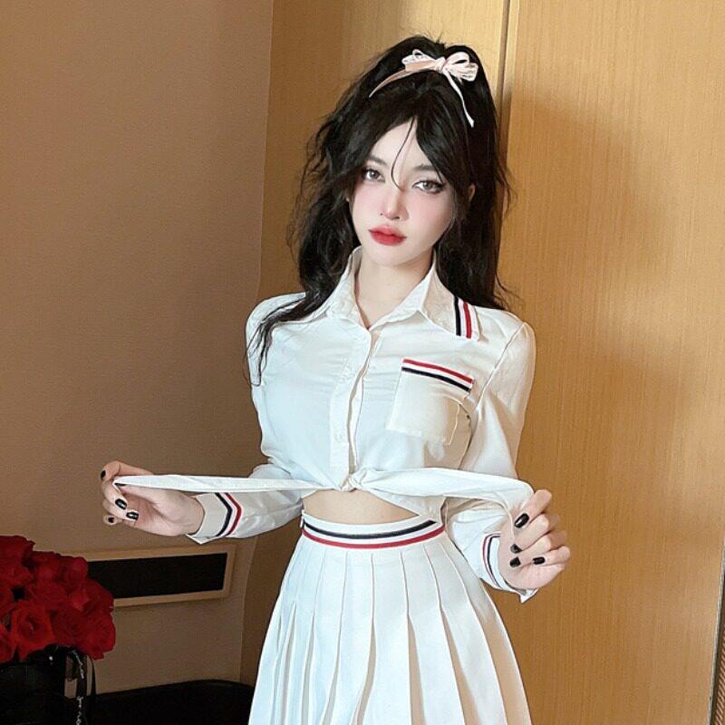 秋季长袖衬衫女学院风女团辣妹装系带短款撞色条纹小众白衬衣上衣