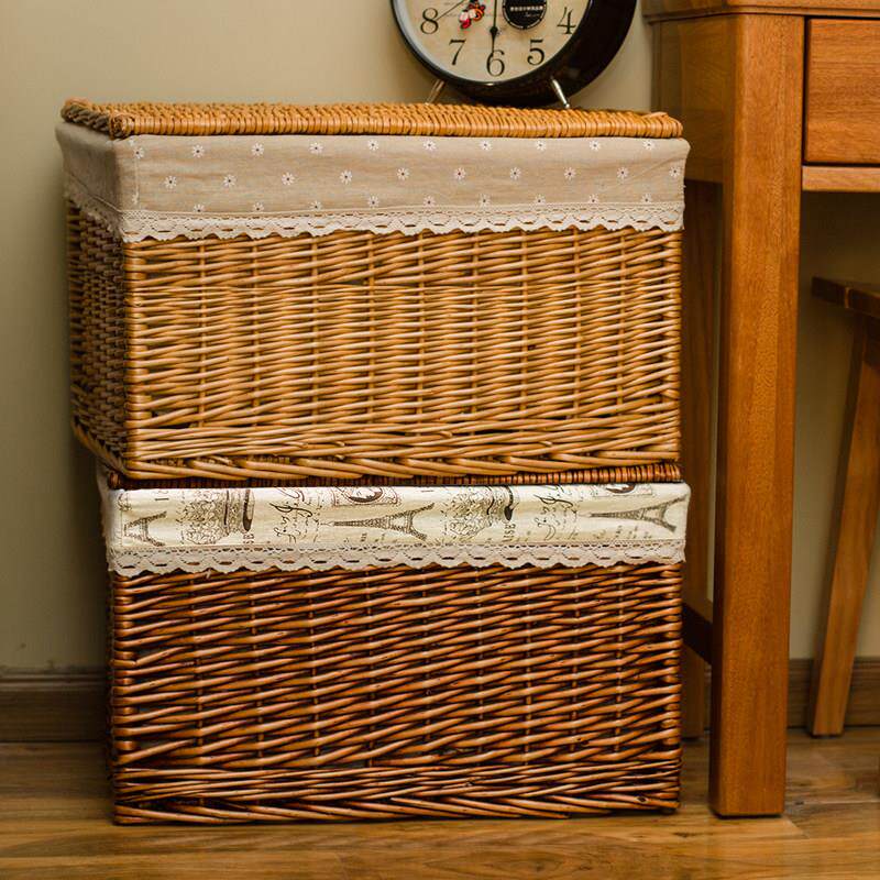 藤编收纳箱编织筐柳编衣物整理盒带盖子原木覆古风车载后备箱杂物