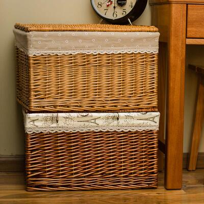 藤编收纳箱编织筐柳编衣物整理盒带盖子原木覆古风车载后备箱杂物