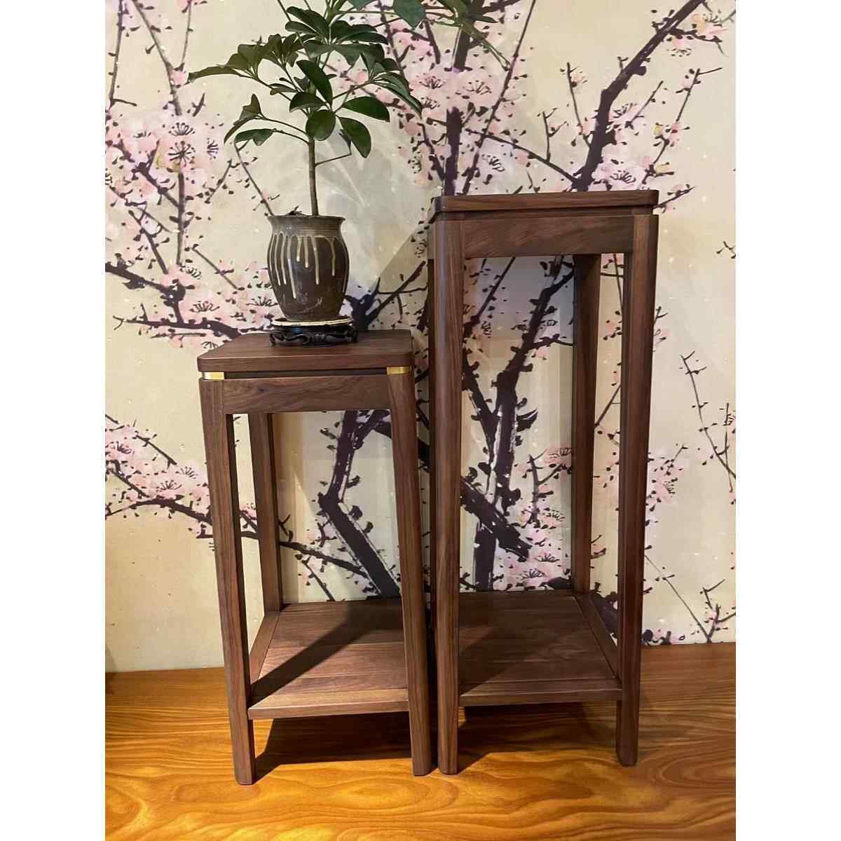 北美黑胡桃木实木花架原木新中式花架落地客厅阳台室内置物花盆架