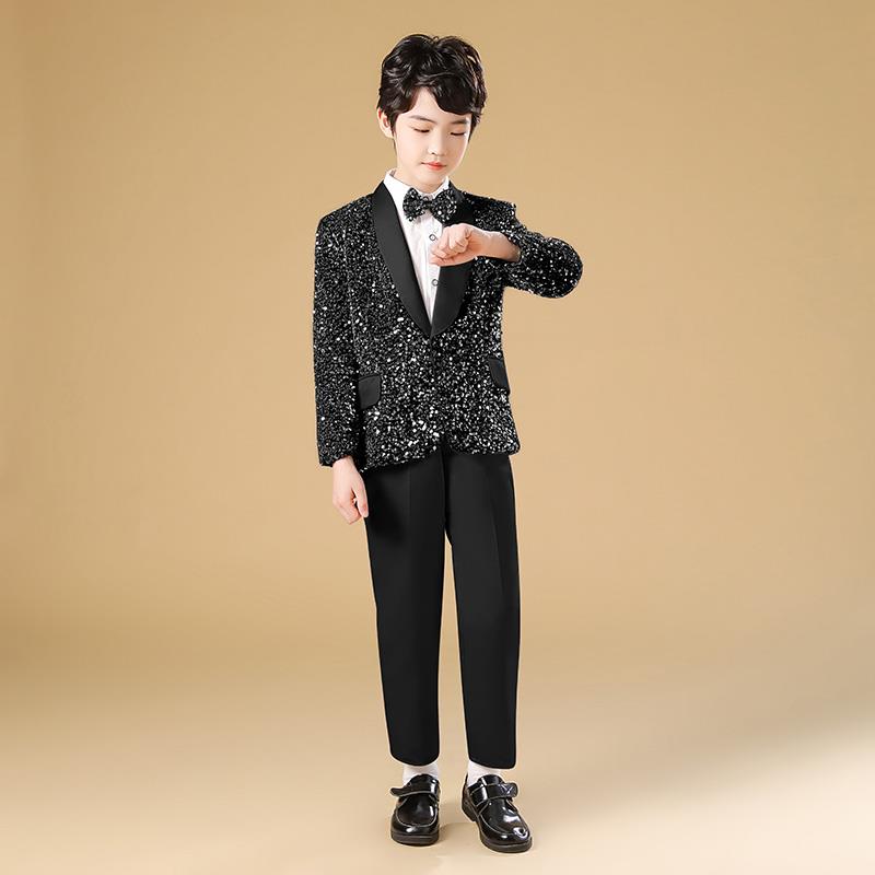 高档小孩幻想亮片钢色琴表演服装男孩舞台表演服装小西装男裤子衬