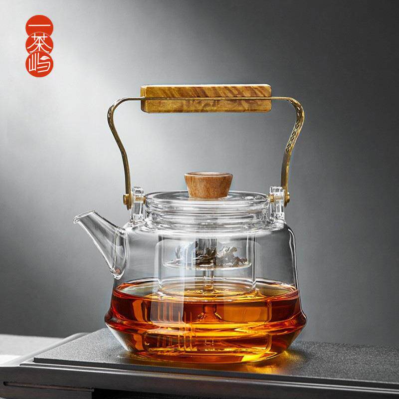 楠木提梁壶蒸煮茶壶玻璃蒸茶器家用耐高温泡茶壶电陶炉烧水壶套装
