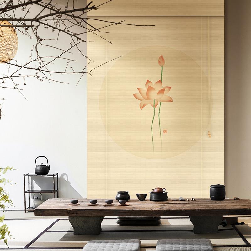 荷花竹帘卷帘窗帘升降阳台茶室新中式遮阳遮光隔断禅意背景装饰帘