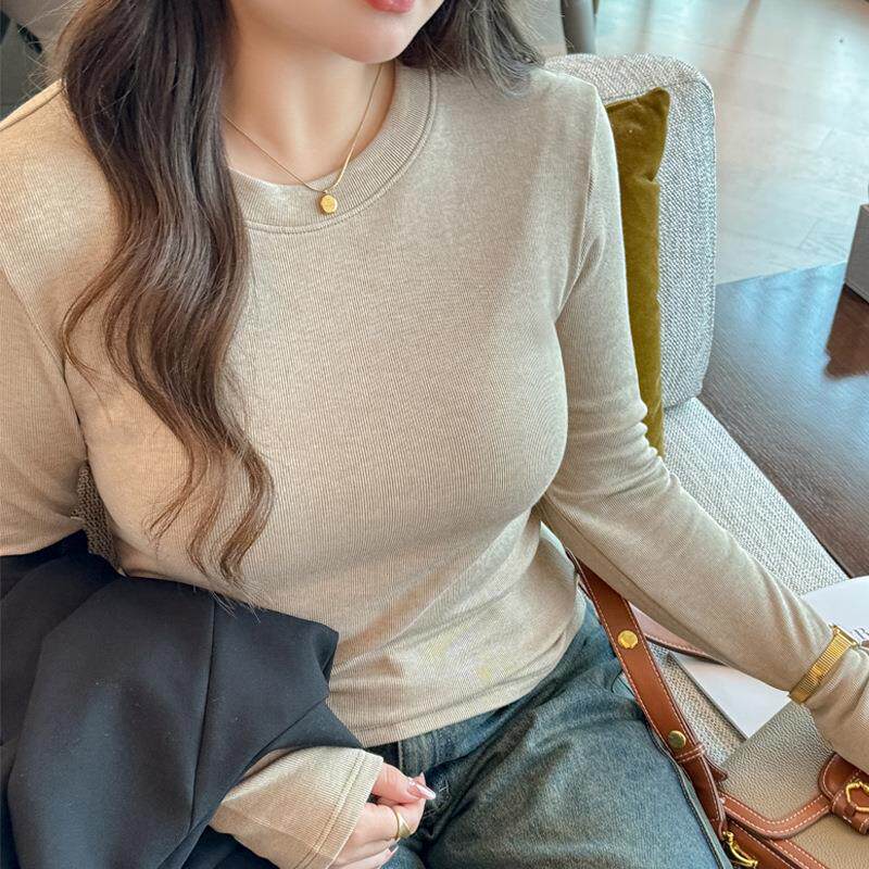 仿羊绒大码女装圆领打底衫内搭长袖秋冬季磨毛加绒可外穿正肩t恤
