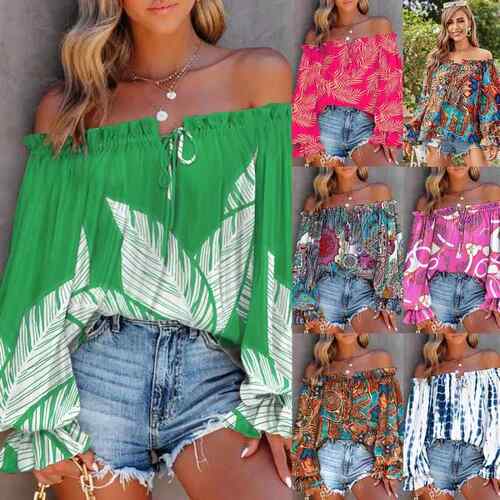 One collar top off shoulder long sleeved printed shirt for