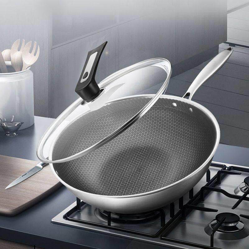 家用304不锈钢双面炒锅无涂层蜂窝平底锅不粘锅炒菜锅不挑灶台