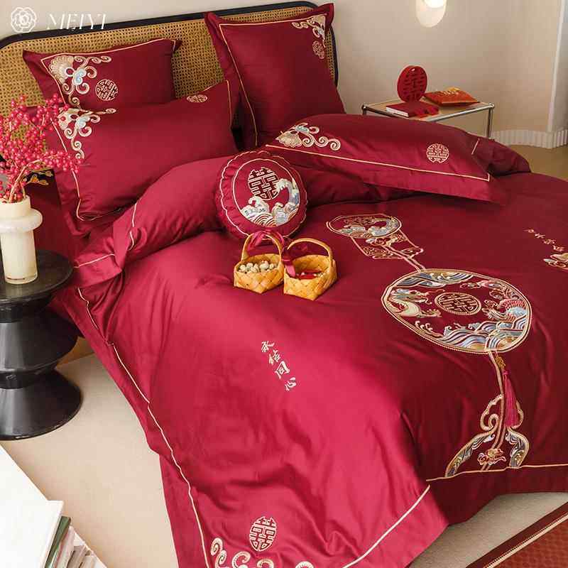 家纺中式婚庆四件套纯棉被套结婚红色床单100S长绒棉床品