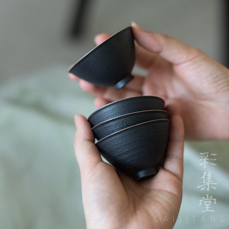彩集堂 手工拉坯粉引黑小茶杯 品茗杯主人杯小客杯粗陶茶具单杯子