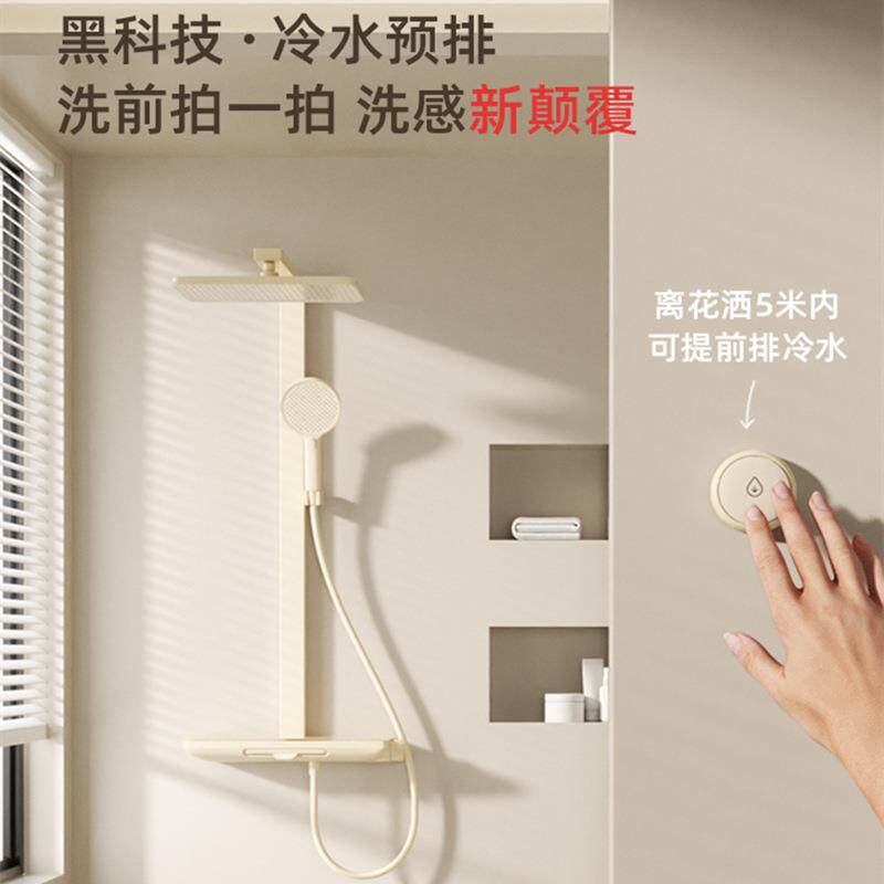 新款直销轻奢黄铜大置物架花洒浴室淋浴器增压钢琴按键恒温淋雨套