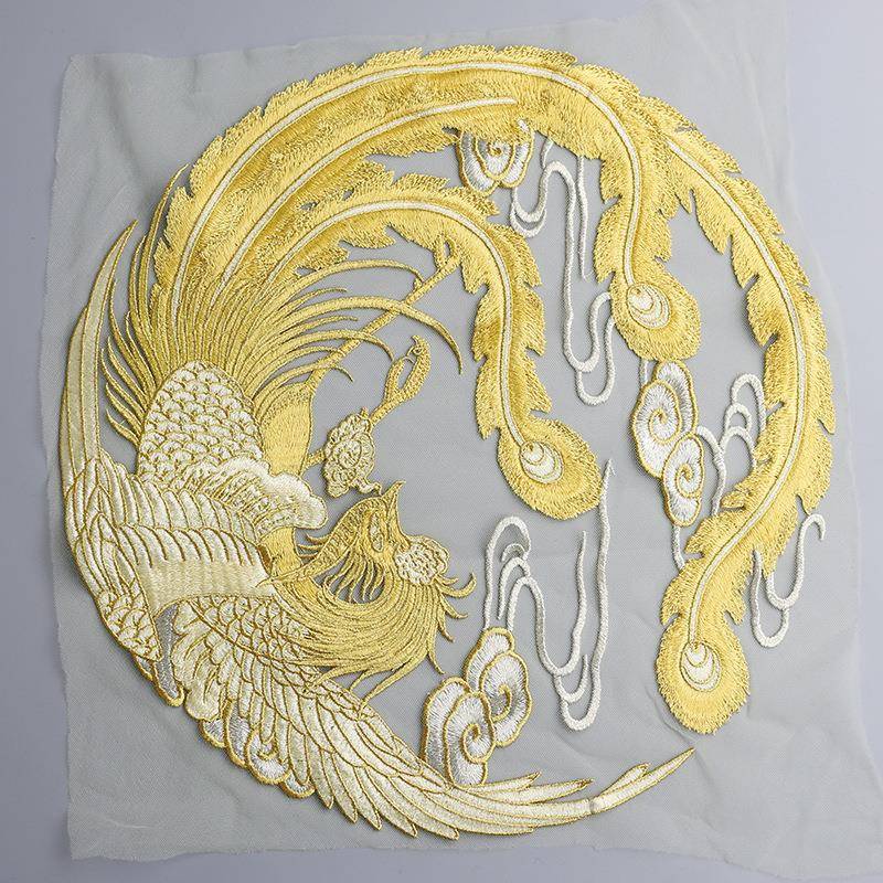 金线凤凰圆形布贴戏服民族服饰装饰贴花网绣重工蕾丝花边手缝款
