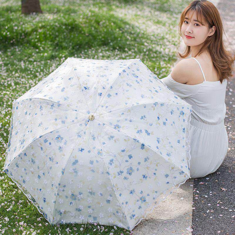 遮阳伞花边洋伞防晒抗UV蕾丝双层遮阳伞黑胶三折叠小清新两用