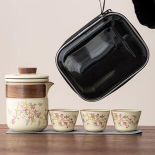 汝窑开片可养快客杯旅行茶具套装 备一壶三杯快客杯 户外露营喝茶装