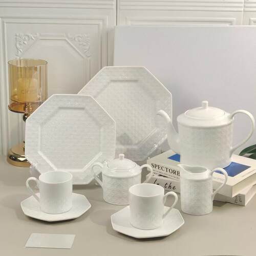 D家简约轻奢藤格纹浮雕系列家用高档酒店骨瓷盘子碗杯碟餐具套装
