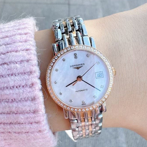 先鉴后发 卷后11700 98新25.5mm浪琴18K玫瑰金镶嵌砖自动机械女表