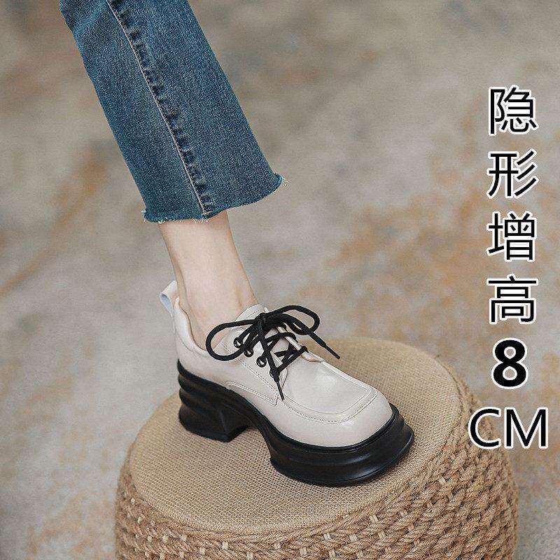 真皮英伦风系带小皮鞋女2025春季新款小个子高跟厚底内增高乐福鞋