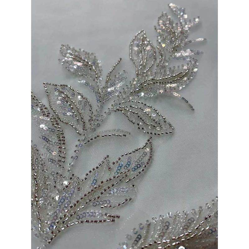 叶子钉珠刺绣贴银色绣片亮片花贴唯美婚纱装饰品辅料服饰大号布贴