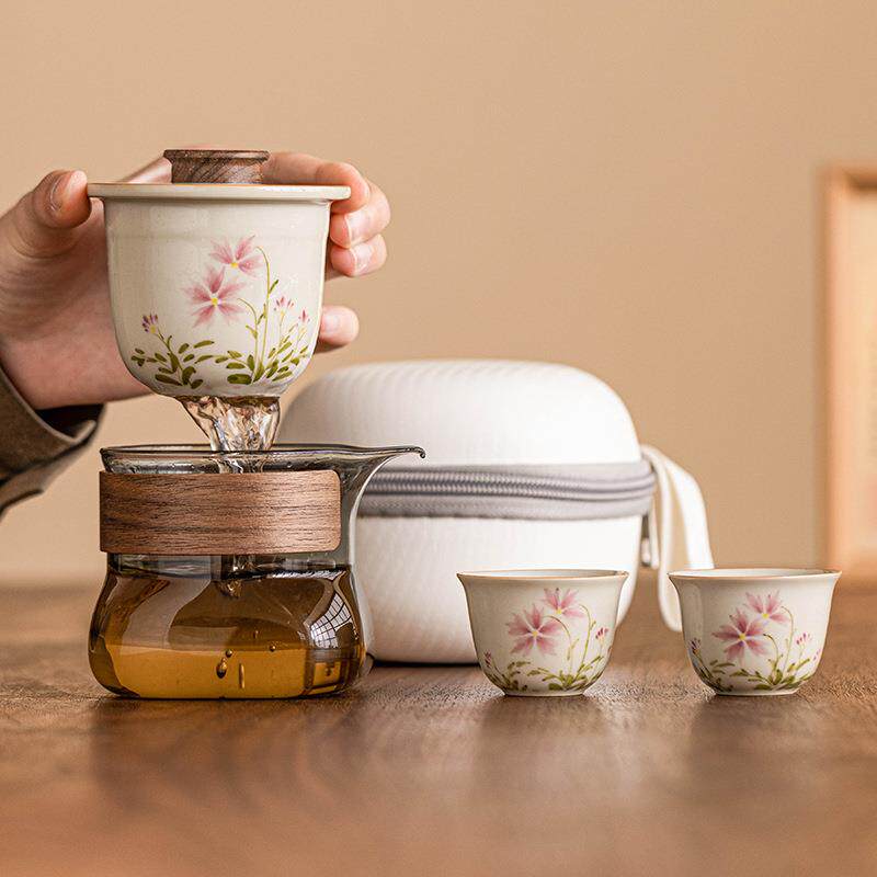 手绘小雏菊旅行茶具便携式快客杯户外陶瓷泡茶小套装一壶两杯