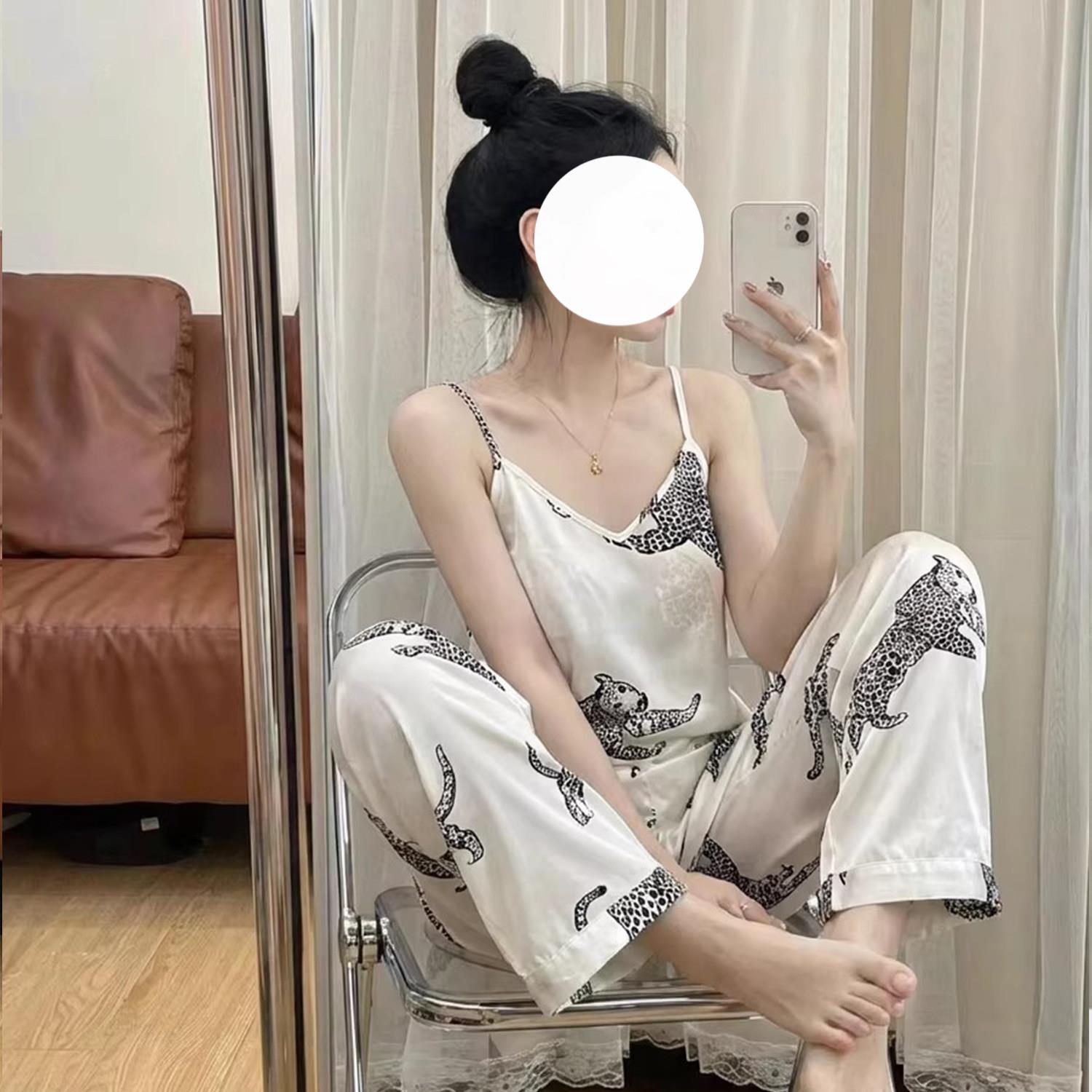 轻奢法式高级感缎面冰丝睡衣女夏季大码松弛感吊带长裤家居服套装