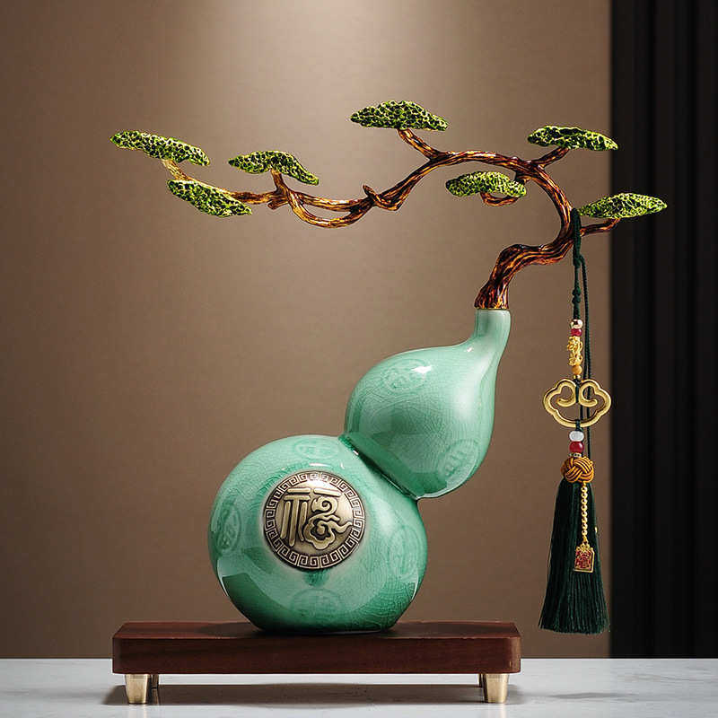 迎客松陶瓷葫芦摆件高档客厅电视柜酒柜办公室装饰品乔迁新居礼品