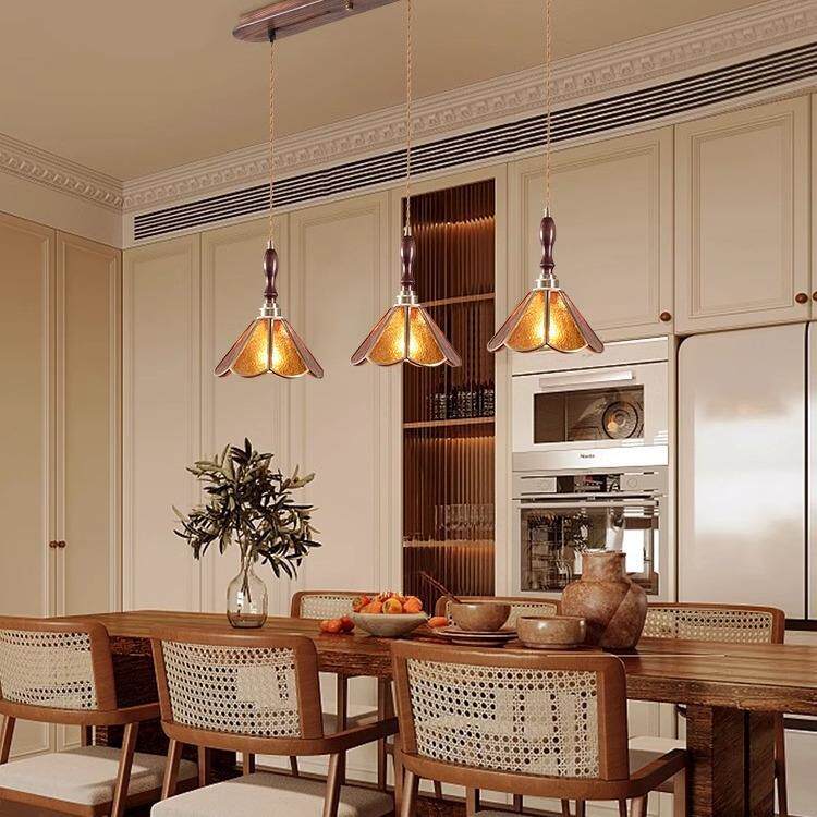 美式复古餐厅灯可移动轨道吧台餐桌吊灯中古风胡桃木三头饭厅灯具