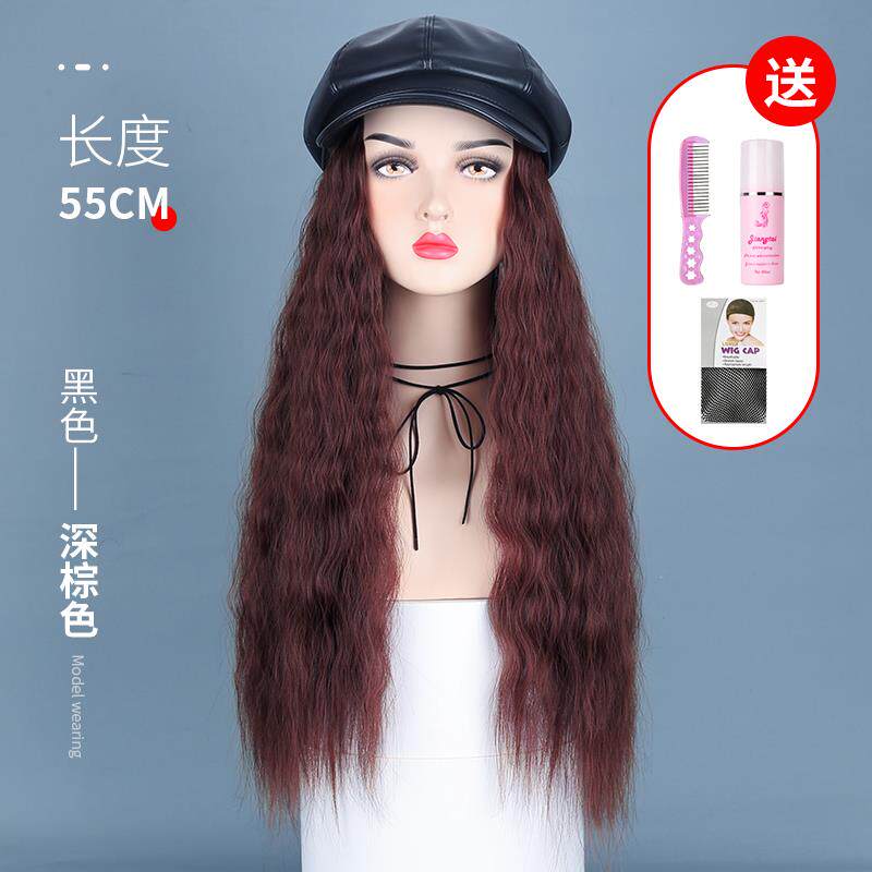 正品网红P皮尚帽假U发一体海军帽子八角贝雷帽女时秋自冬款中长卷