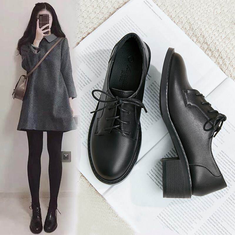 2025夏季新款中跟粗跟单鞋女黑色不磨脚软皮工作鞋子英伦风小皮鞋