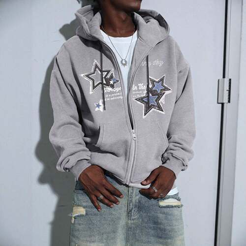 Women's Star Print Hooded Sweatshirt Fashion Zipper