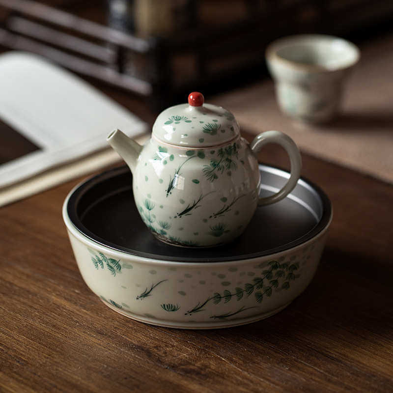 九匠风 纯手绘茶壶 釉下彩复古鱼戏小品壶家用陶瓷功夫茶具泡茶壶
