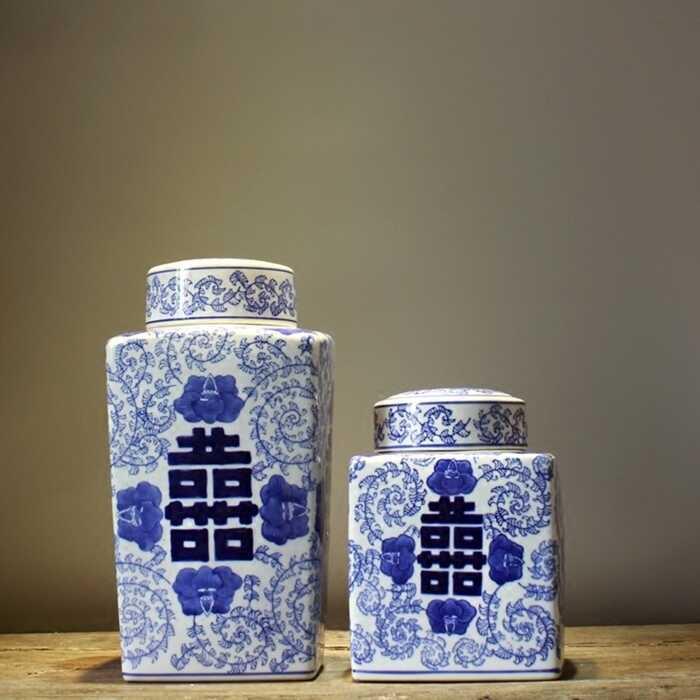 景德镇瓷器中式青花喜字罐新中式陶瓷摆件欧式青花陶瓷罐装饰摆件