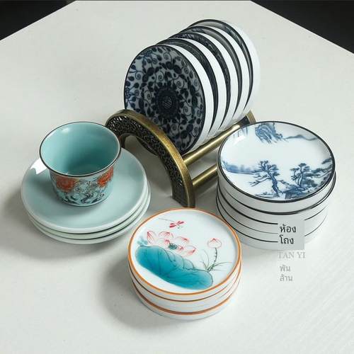 青花杯垫陶瓷圆形茶杯托功夫茶具隔热垫茶雕手荷花圆形茶杯垫子