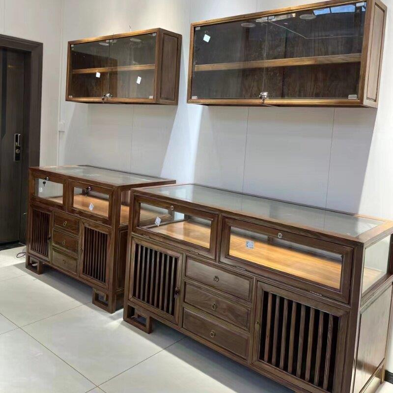 实木珠宝展示柜榆木玻璃展柜玉器首饰精品货架展示柜中式岛台壁柜
