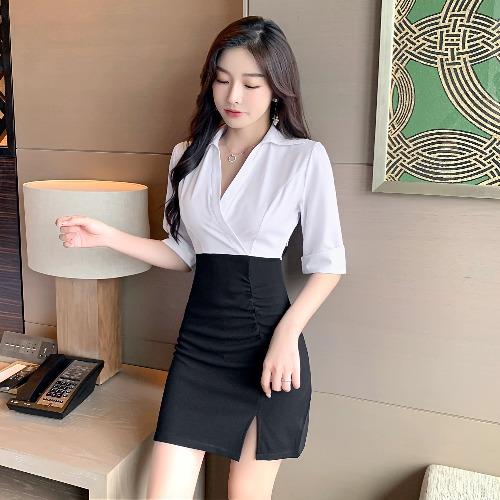 高档气质V领黑0白拼色中袖连职衣裙22p3新业装沐足sa会所女技师工