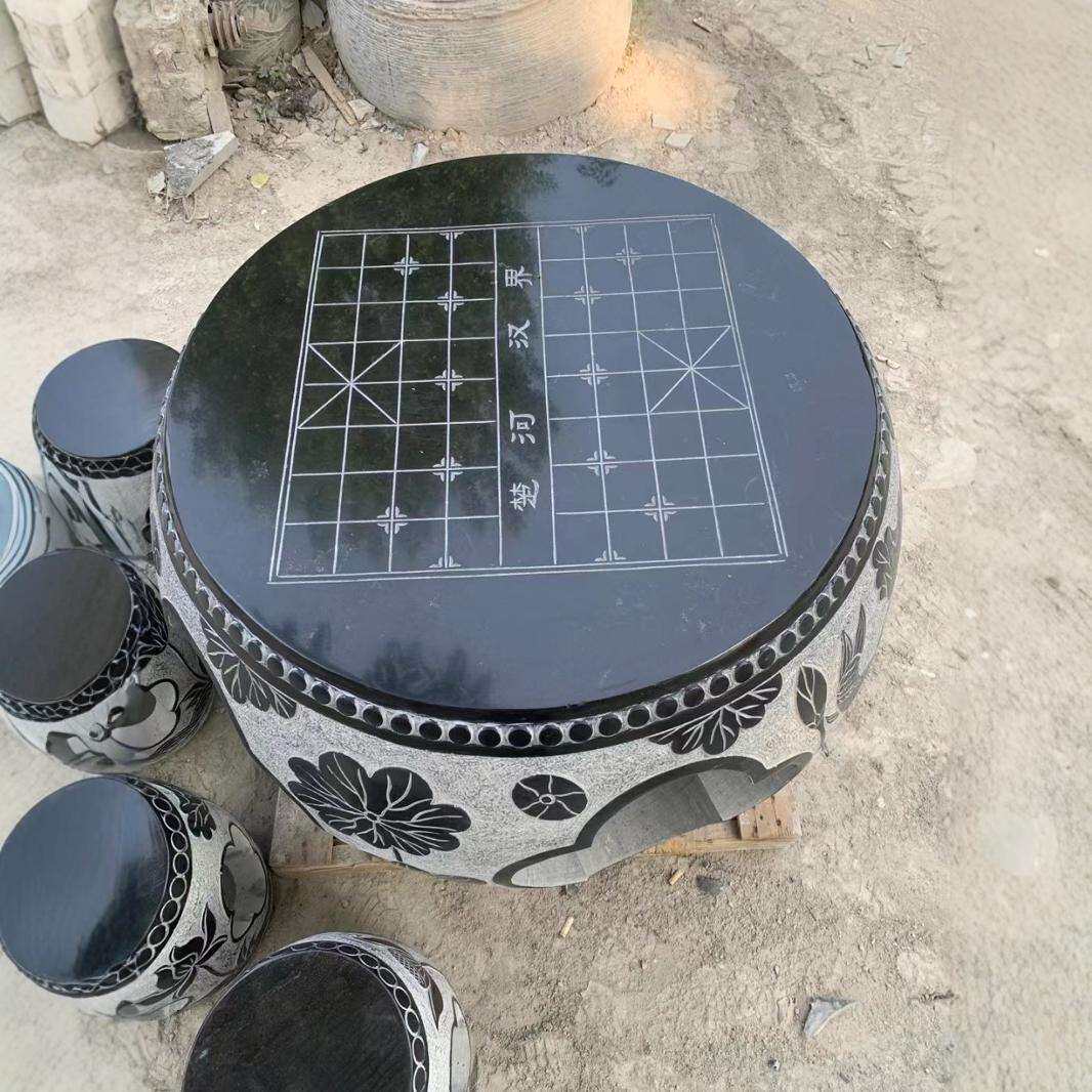 青石圆鼓桌子整石镂空福字石雕户外休闲圆形棋盘石桌凳摆件